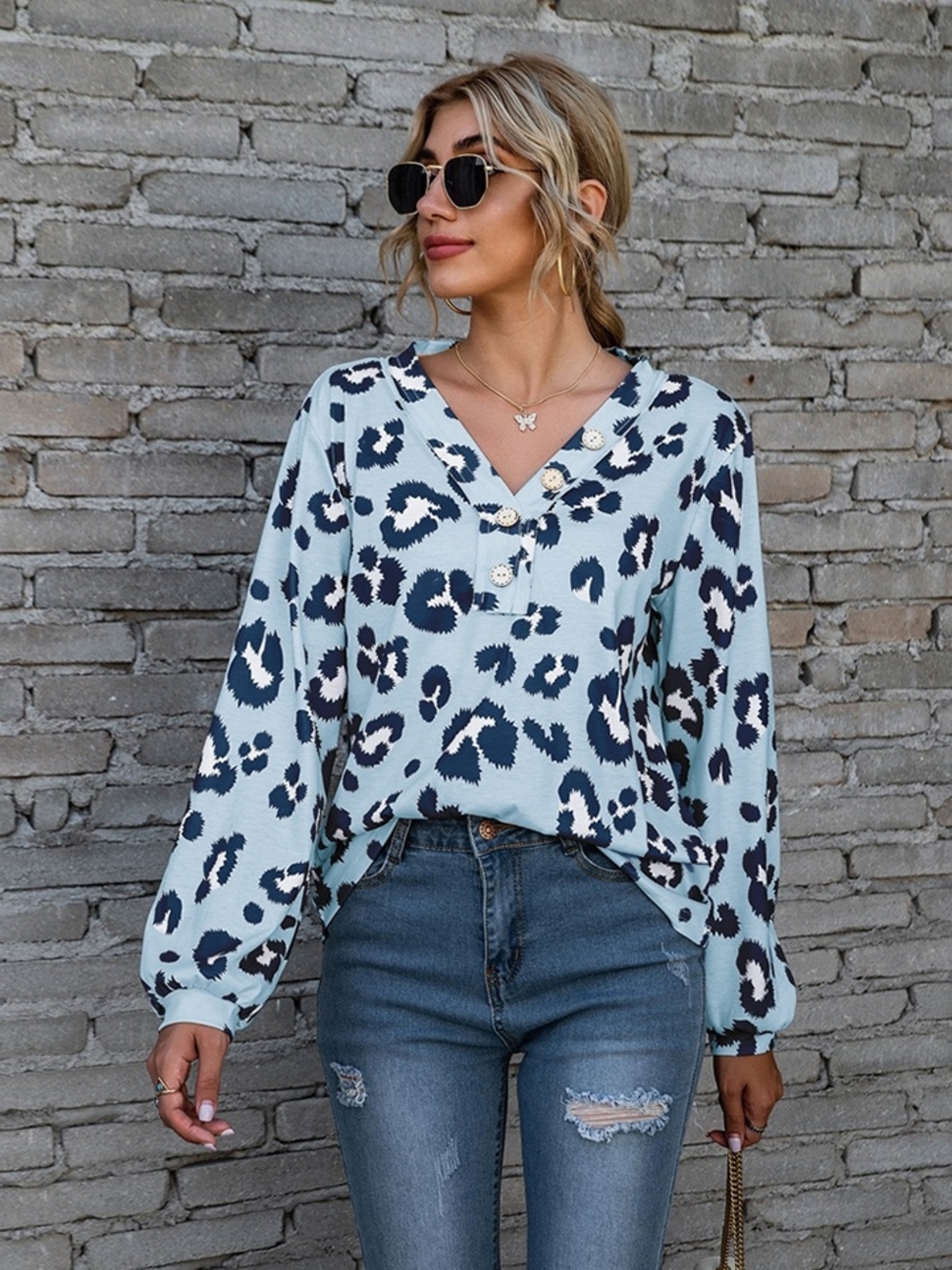 Light Blue Leopard Print V-Neck Blouse with Buttons - Women Tops